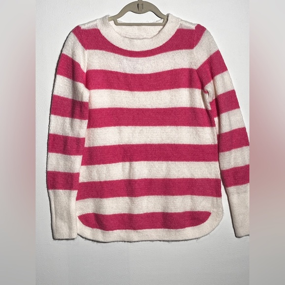 LOFT NWT Stripe Textured Shirttail Sweater Pink and White Medium - Picture 3 of 11